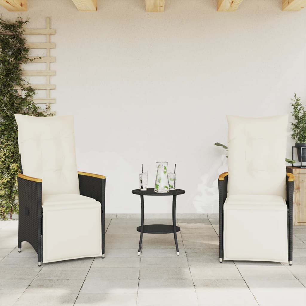 vidaXL 3-delige Bistroset met kussens poly rattan zwart afbeelding