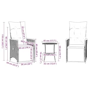3dílný bistro set s poduškami černý polyratan - obrázek 10