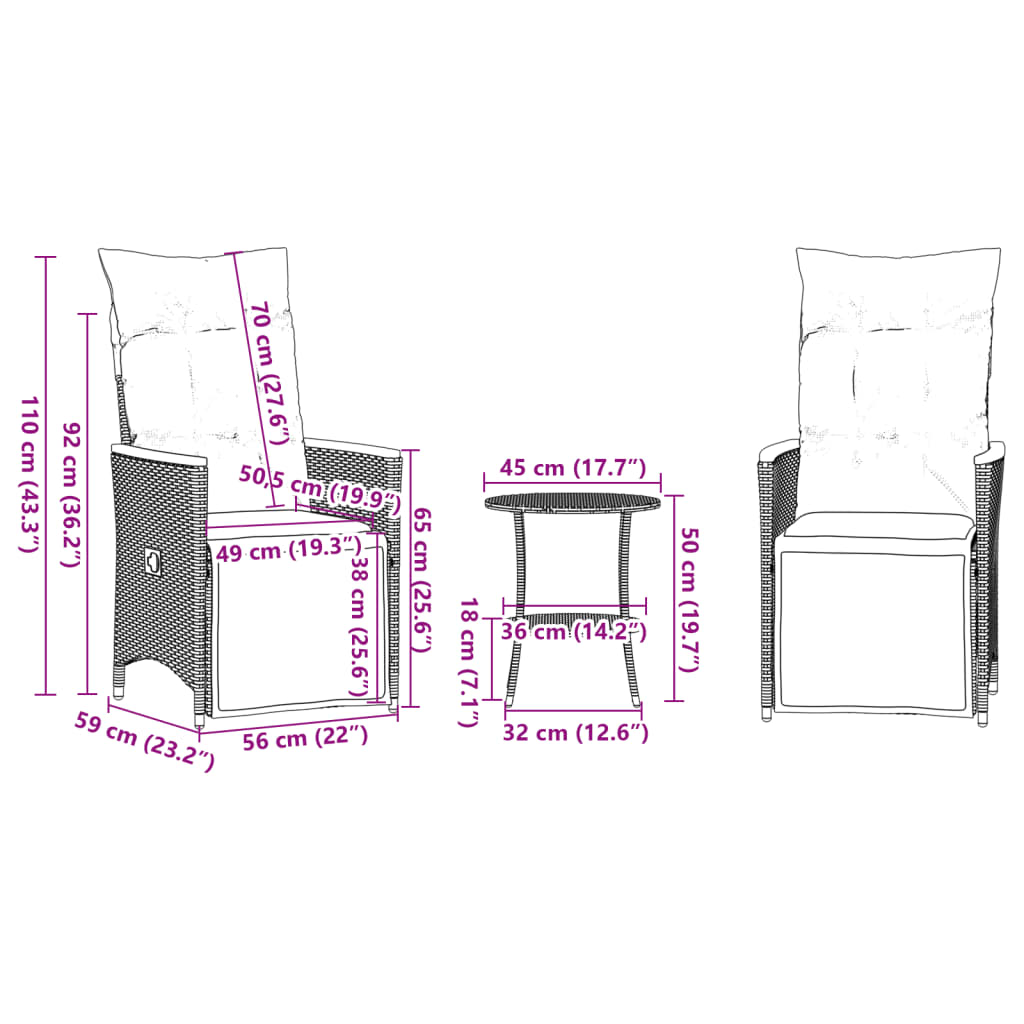 imagem de vidaXL 3 pcs conjunto bistrô com almofadões vime PE cinza11