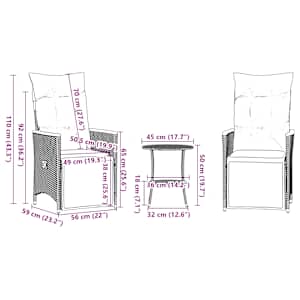 3dílný bistro set s poduškami šedý polyratan - obrázek 10