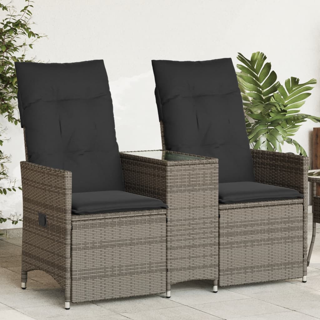 vidaXL Gartensofa 2-Sitzer Verstellbar mit Tisch Grau Poly Rattan