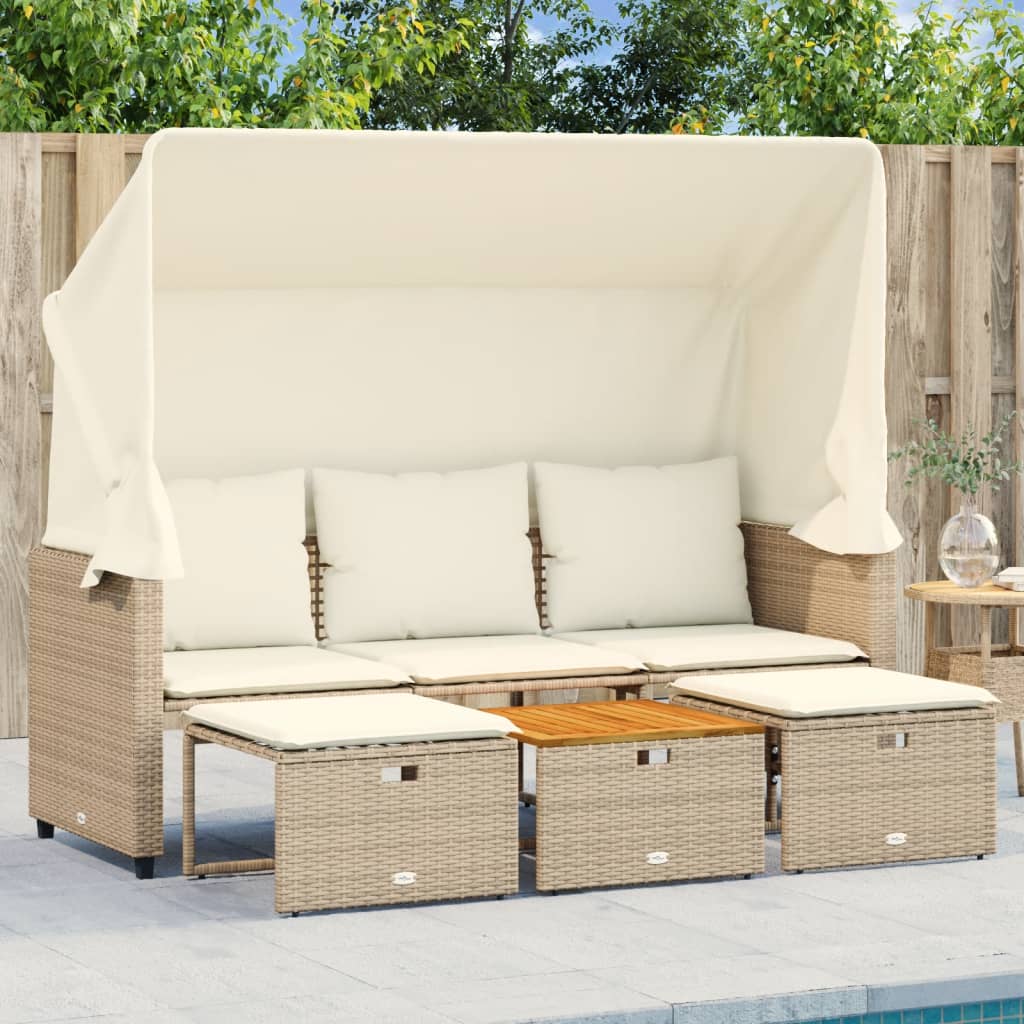 vidaXL Outdoor-Sofa 3-Sitzer mit Dach und Hockern Beige Poly Rattan