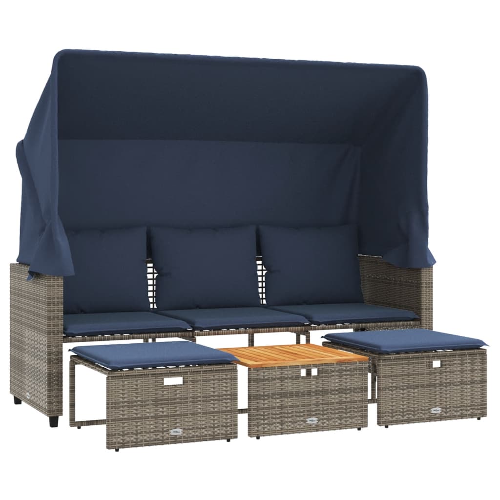 Thumbnail - vidaXL Gartensofa 3-Sitzer mit Baldachin und Hockern Grau Poly Rattan