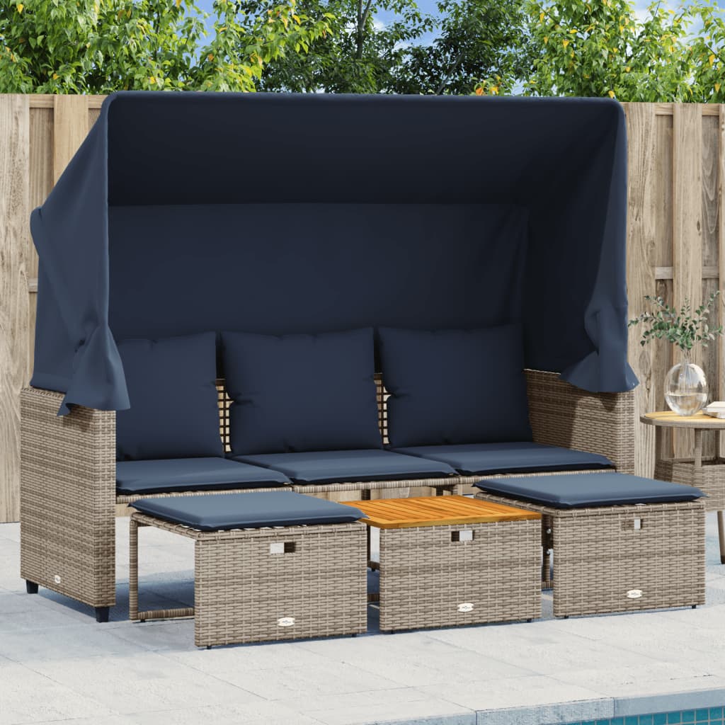 vidaXL Gartensofa 3-Sitzer mit Baldachin und Hockern Grau Poly Rattan