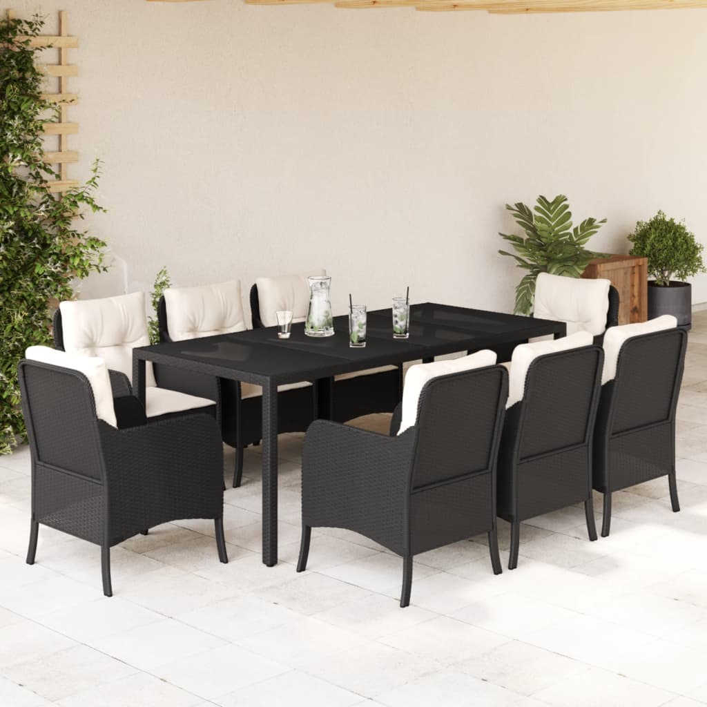 vidaXL 9-tlg. Garten-Essgruppe mit Kissen Schwarz Poly Rattan