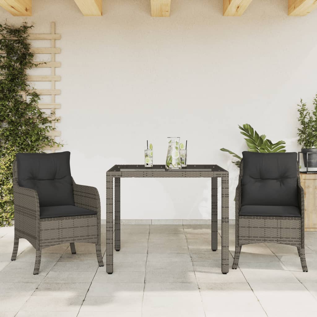 vidaXL 3-tlg. Garten-Essgruppe mit Kissen Grau Poly Rattan