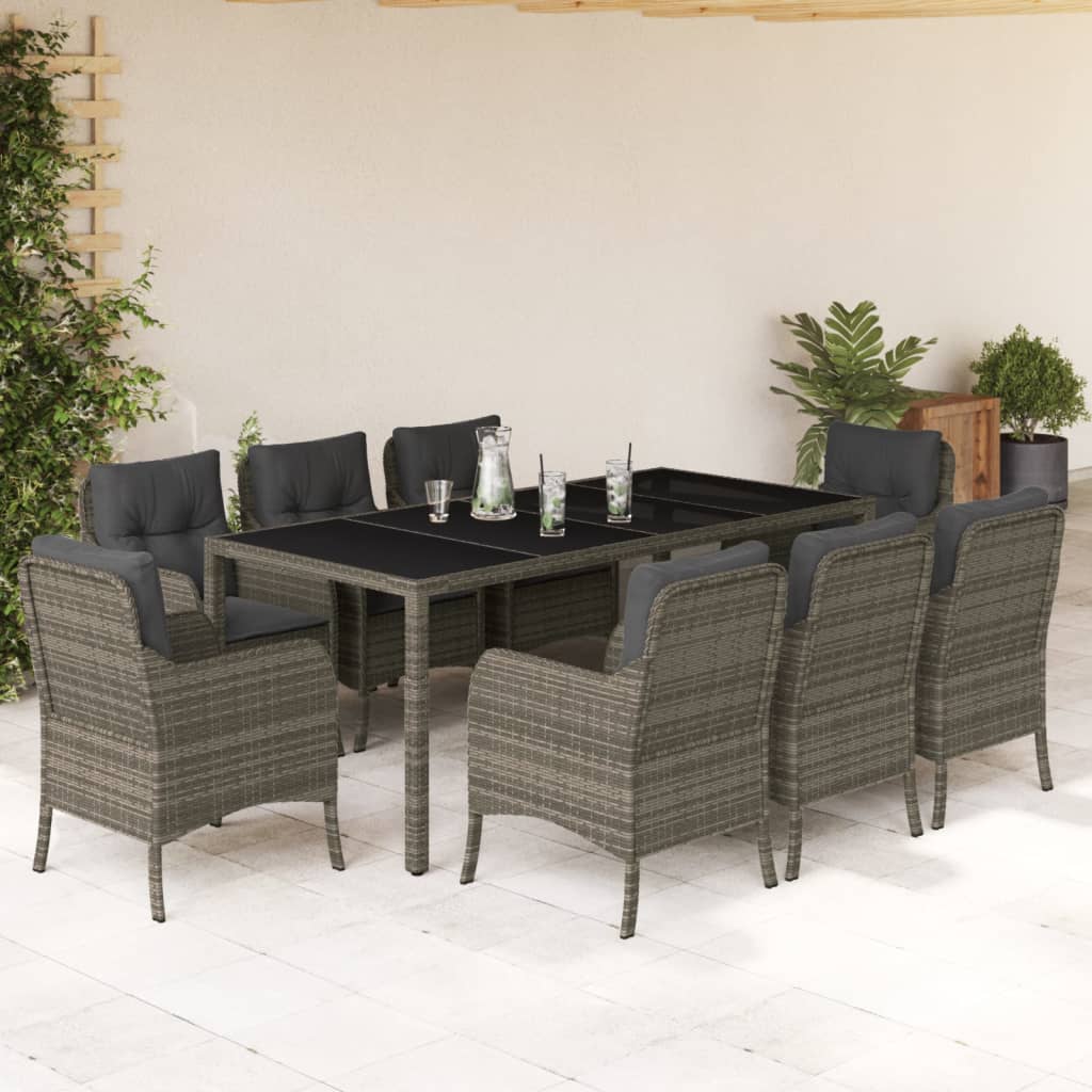 vidaXL 9-tlg. Garten-Essgruppe mit Kissen Grau Poly Rattan