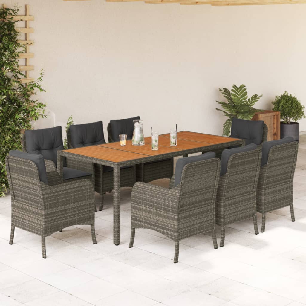 vidaXL 9-tlg. Garten-Essgruppe mit Kissen Grau Poly Rattan