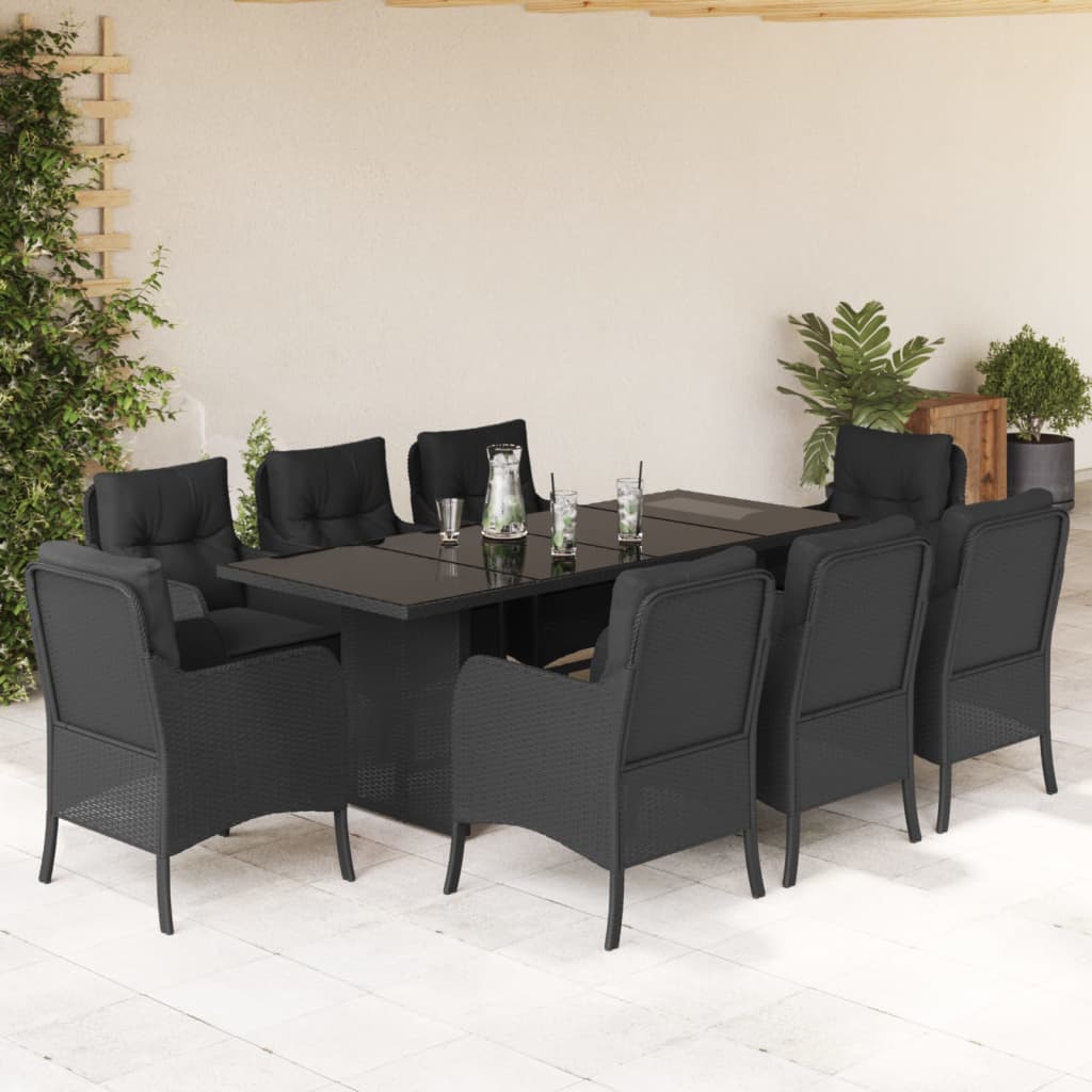 vidaXL 9-tlg. Garten-Essgruppe mit Kissen Schwarz Poly Rattan