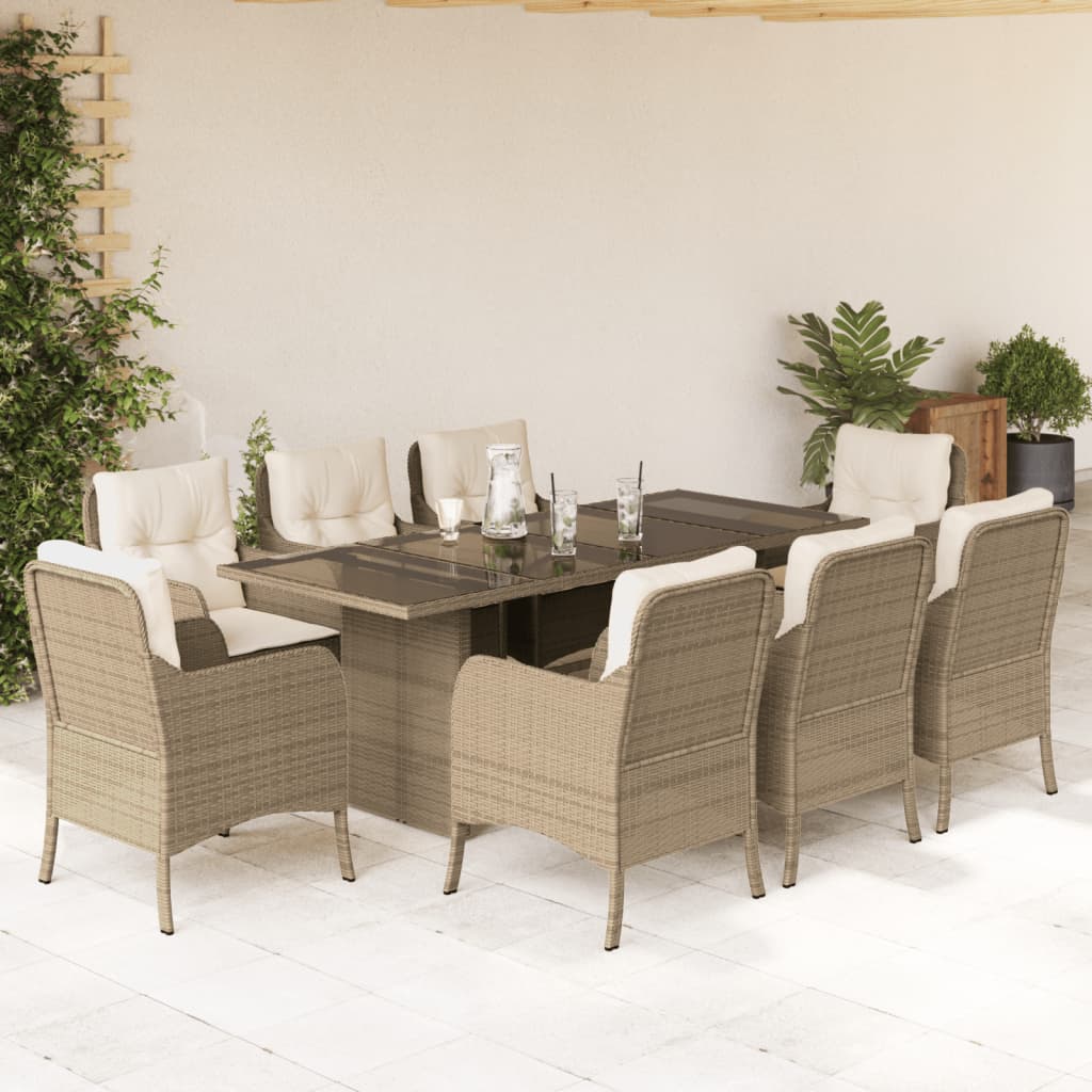 9-tlg. Garten-Essgruppe mit Kissen Beige Poly Rattan