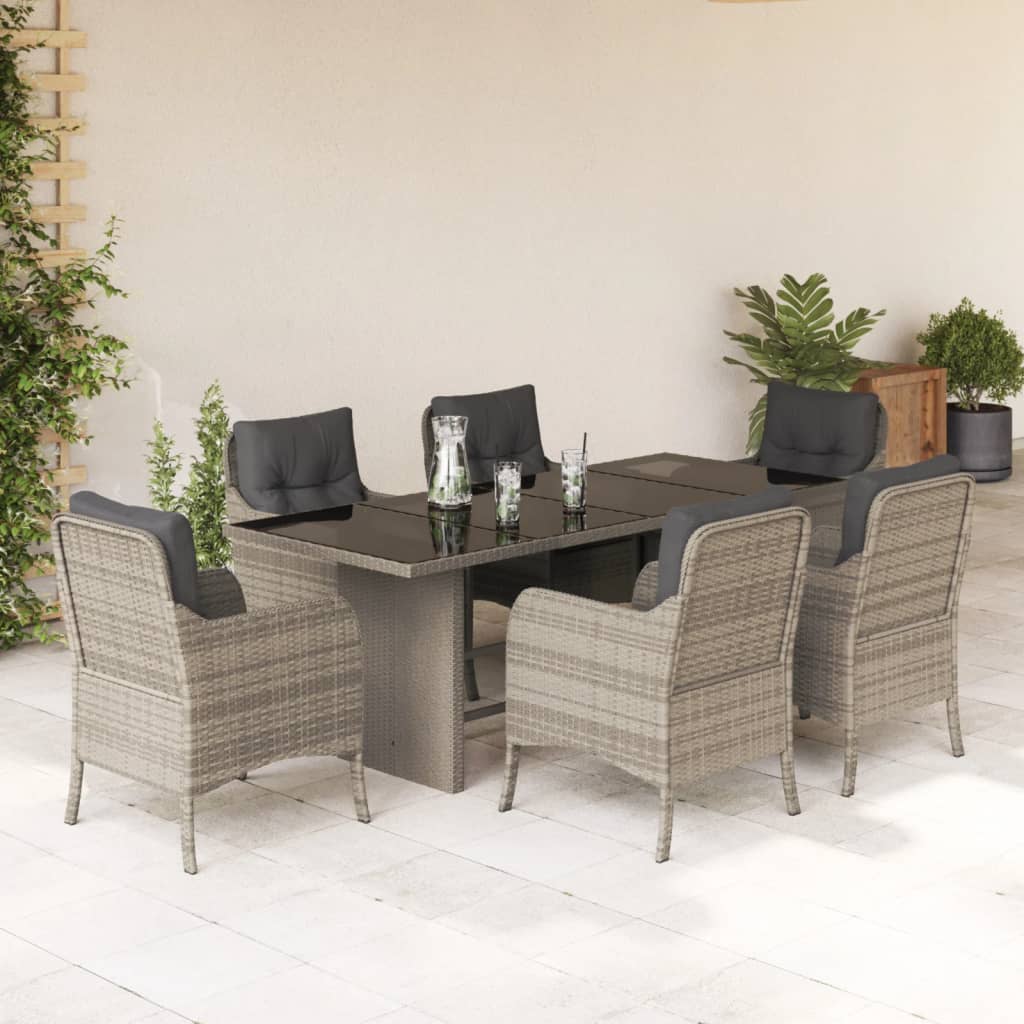 vidaXL 7-tlg. Garten-Essgruppe mit Kissen Hellgrau Poly Rattan