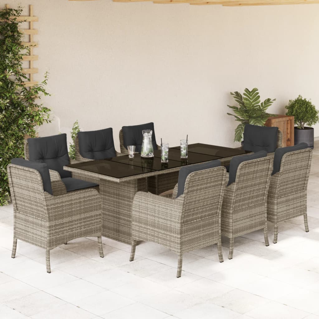 vidaXL 9-tlg. Garten-Essgruppe mit Kissen Hellgrau Poly Rattan