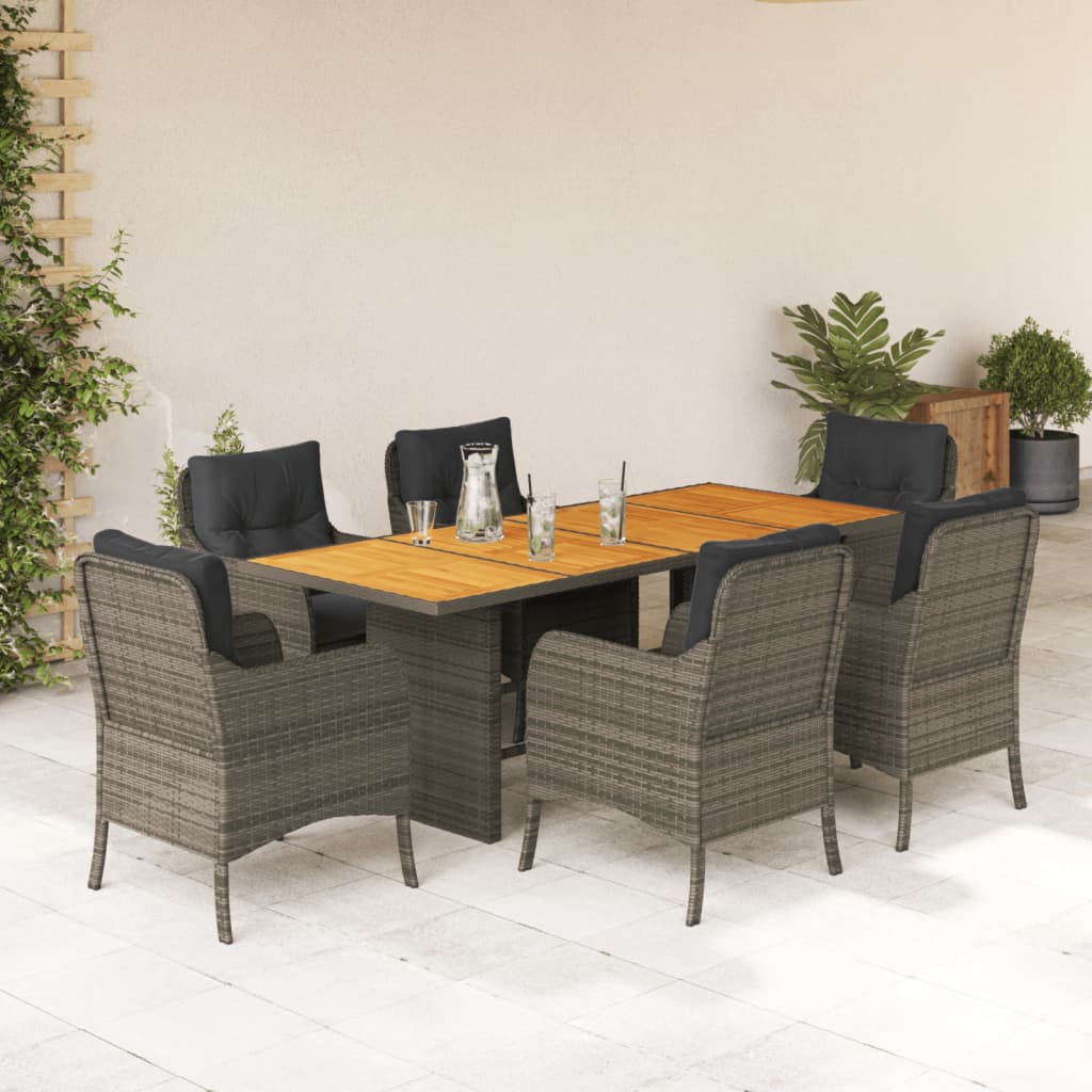 vidaXL 7-tlg. Garten-Essgruppe mit Kissen Grau Poly Rattan