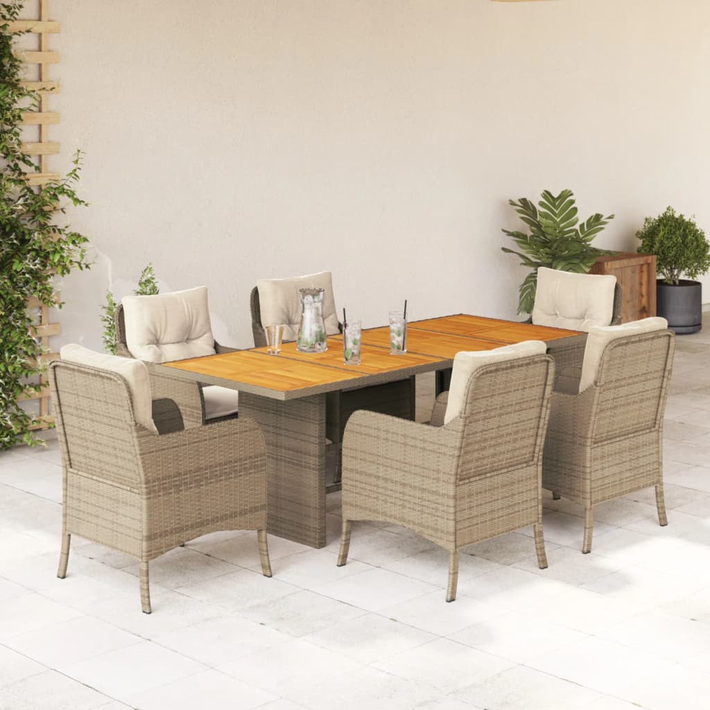 vidaXL 7-tlg. Garten-Essgruppe mit Kissen Beige Poly Rattan