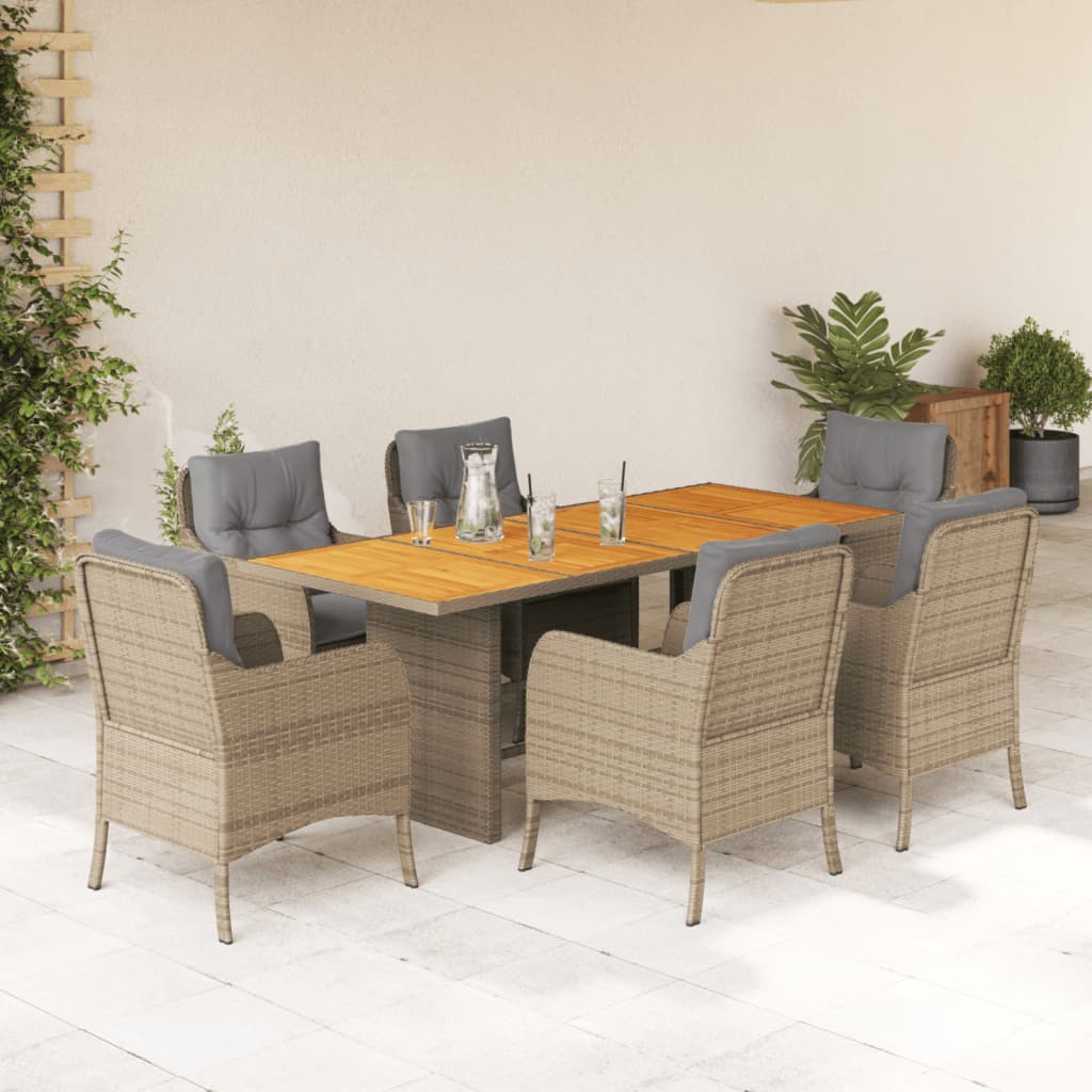 vidaXL 7-tlg. Garten-Essgruppe mit Kissen Beige Poly Rattan