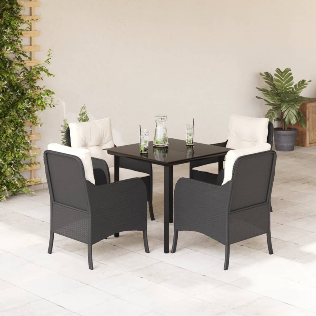 5-tlg. Garten-Essgruppe mit Kissen Schwarz Poly Rattan