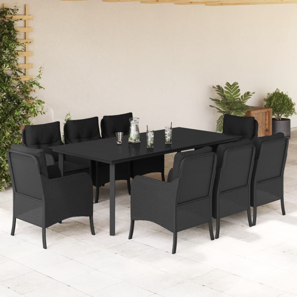 9-tlg. Garten-Essgruppe mit Kissen Schwarz Poly Rattan