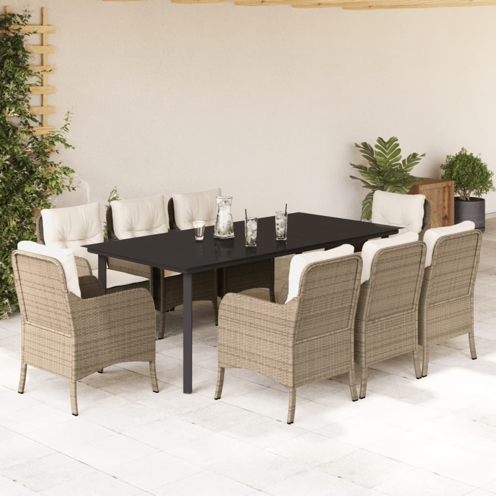 vidaXL Set de masă pentru grădină, 9 piese, cu perne, bej, poliratan