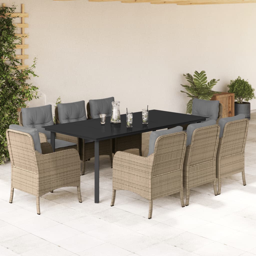 9-tlg. Garten-Essgruppe mit Kissen Beige Poly Rattan