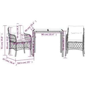 3dílný bistro set s poduškami černý polyratan - obrázek 7