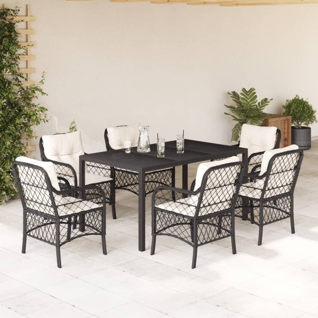 vidaXL 7-tlg. Garten-Essgruppe mit Kissen Schwarz Poly Rattan