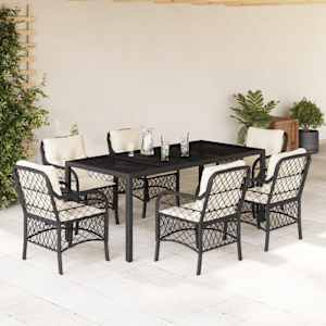 7dílný zahradní jídelní set s poduškami černý polyratan - obrázek 1