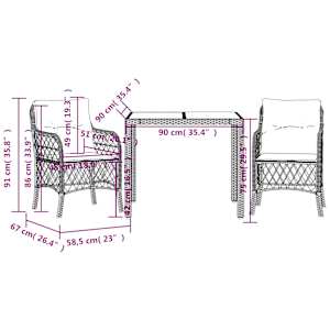 3dílný bistro set s poduškami černý polyratan - obrázek 7
