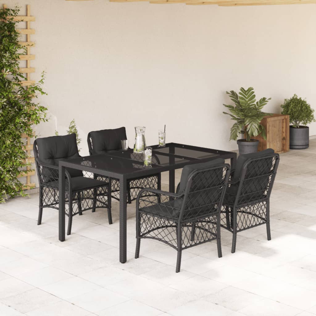 5-tlg. Garten-Essgruppe mit Kissen Schwarz Poly Rattan