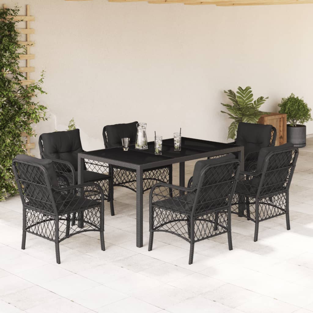 vidaXL 7-tlg. Garten-Essgruppe mit Kissen Schwarz Poly Rattan