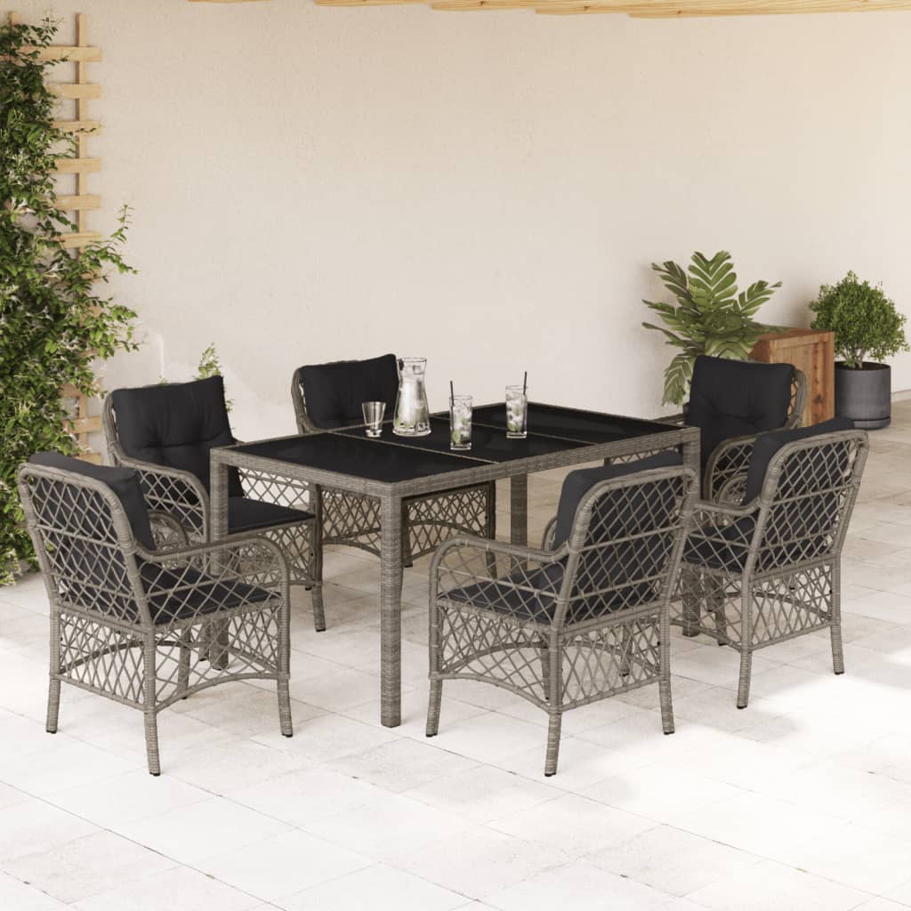 vidaXL 7-tlg. Garten-Essgruppe mit Kissen Grau Poly Rattan