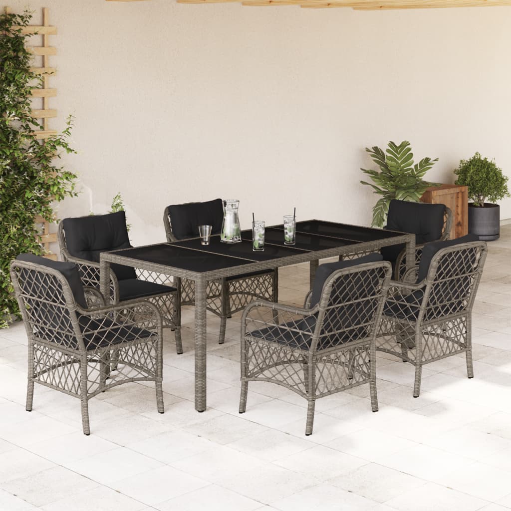 vidaXL 7-tlg. Garten-Essgruppe mit Kissen Grau Poly Rattan