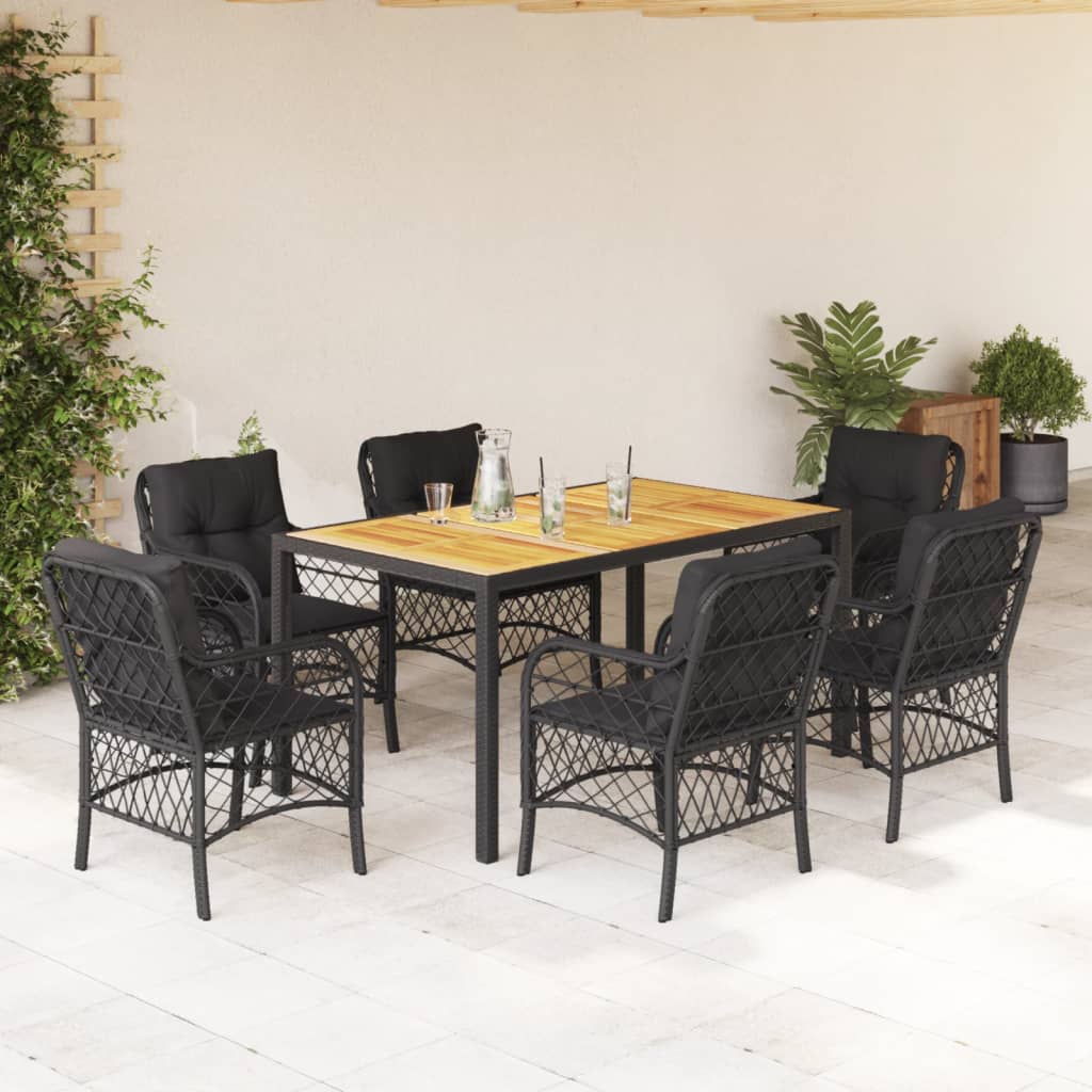 vidaXL 7-tlg. Garten-Essgruppe mit Kissen Schwarz Poly Rattan