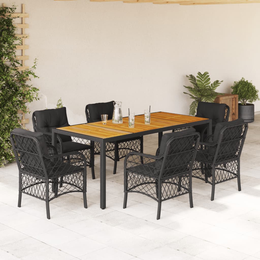 vidaXL 7-tlg. Garten-Essgruppe mit Kissen Schwarz Poly Rattan