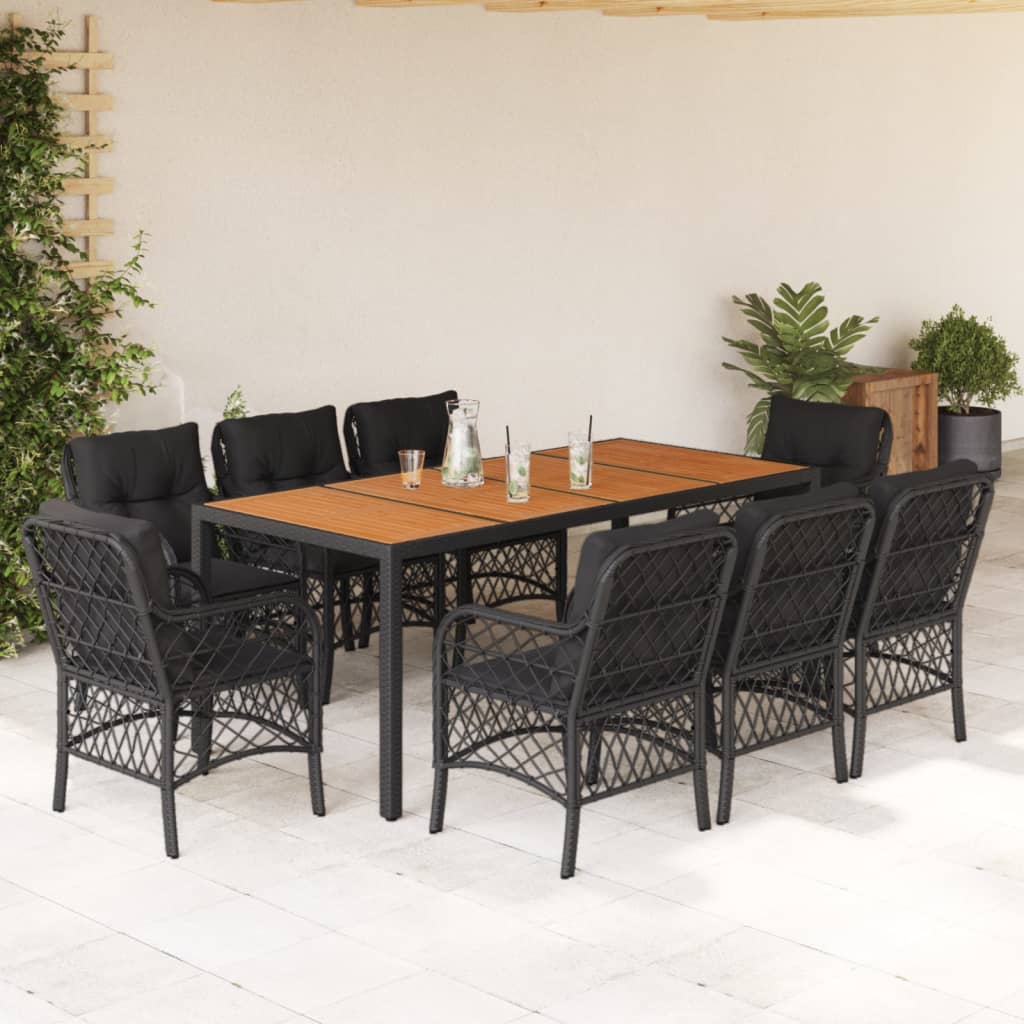 vidaXL 9-tlg. Garten-Essgruppe mit Kissen Schwarz Poly Rattan