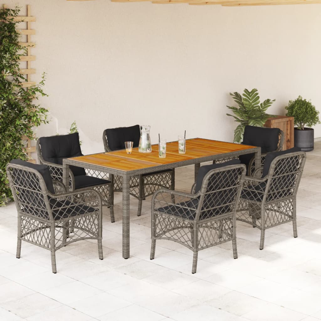 vidaXL 7-tlg. Garten-Essgruppe mit Kissen Grau Poly Rattan