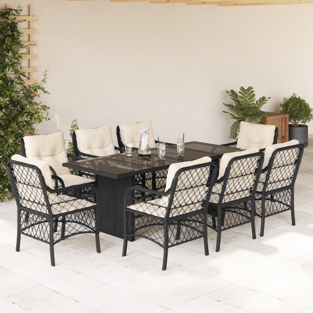 vidaXL 9-tlg. Garten-Essgruppe mit Kissen Schwarz Poly Rattan