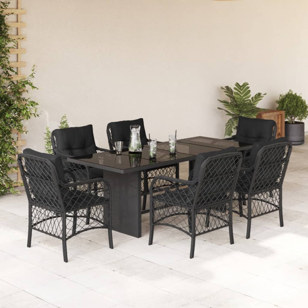 vidaXL 7-tlg. Garten-Essgruppe mit Kissen Schwarz Poly Rattan