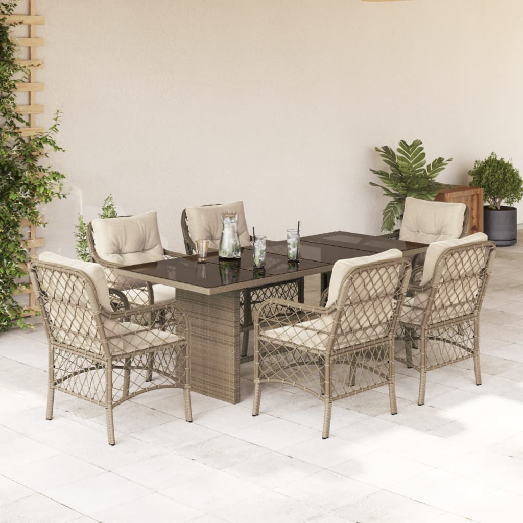 vidaXL 7-tlg. Garten-Essgruppe mit Kissen Beige Poly Rattan