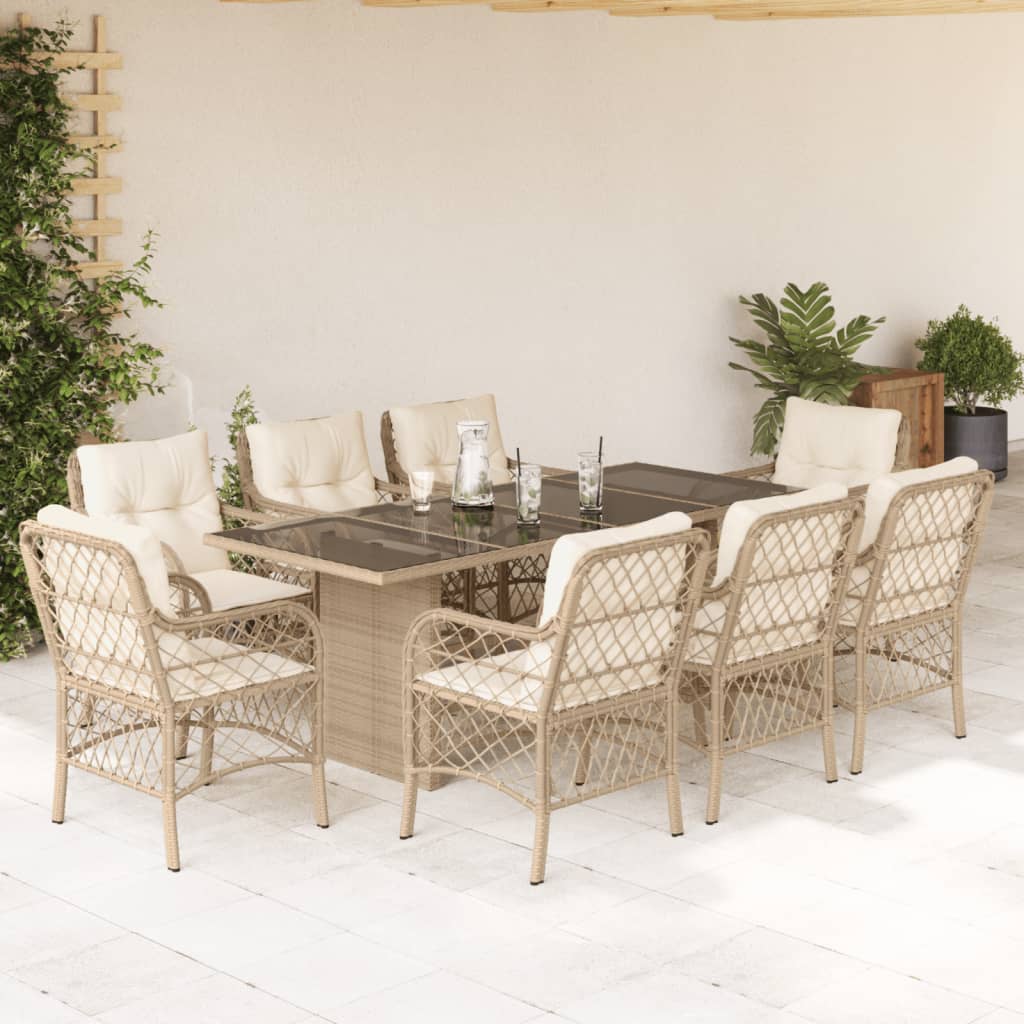 vidaXL 9-tlg. Garten-Essgruppe mit Kissen Beige Poly Rattan