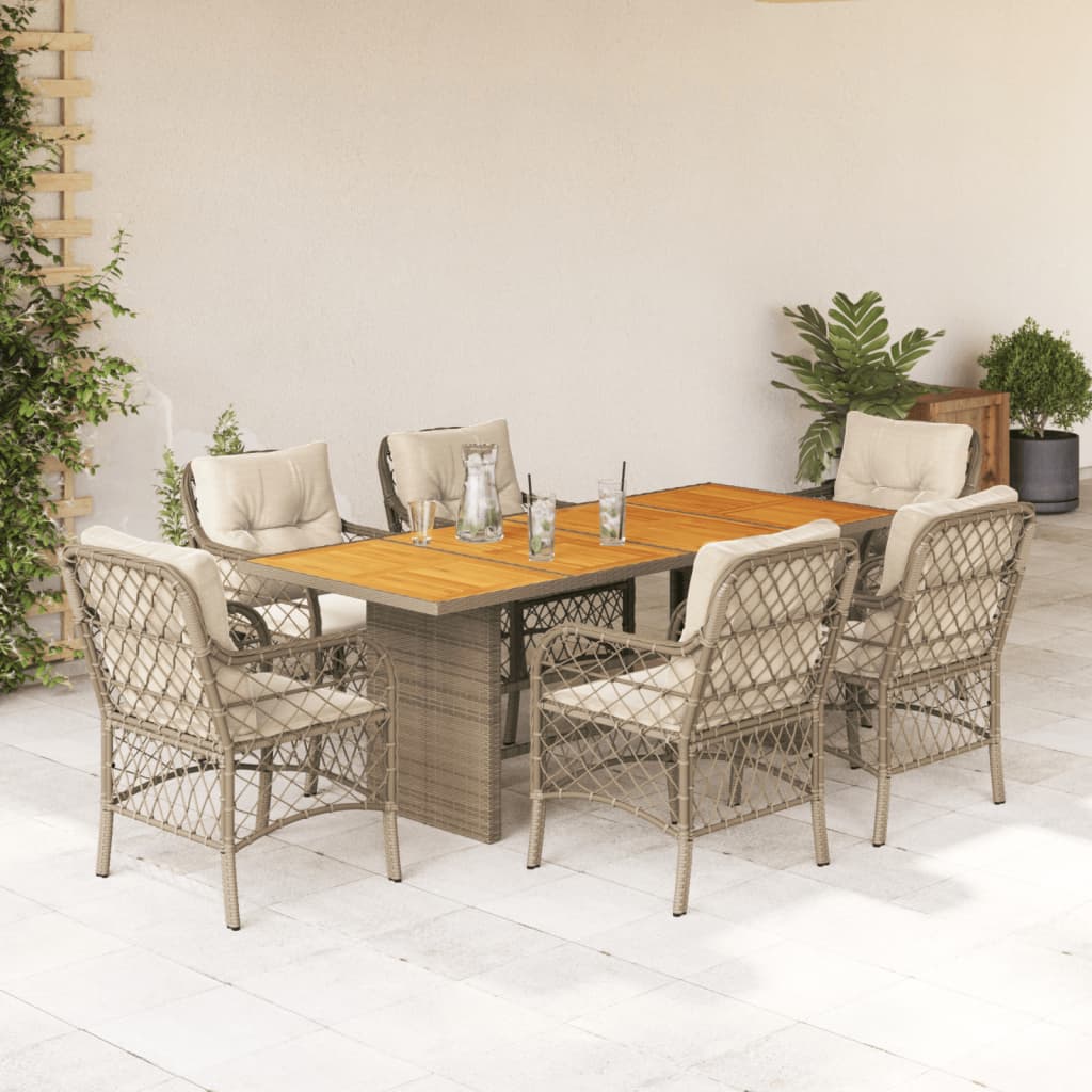 vidaXL 7-tlg. Garten-Essgruppe mit Kissen Beige Poly Rattan