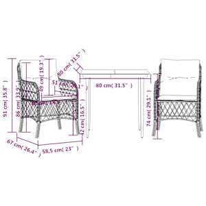 3dílný bistro set s poduškami černý polyratan - obrázek 7