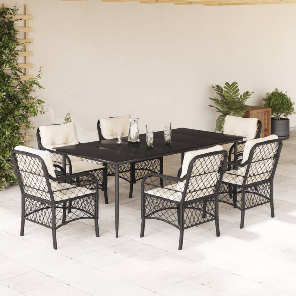 vidaXL 7 pcs conjunto de jantar p/ jardim c/ almofadões vime PE preto