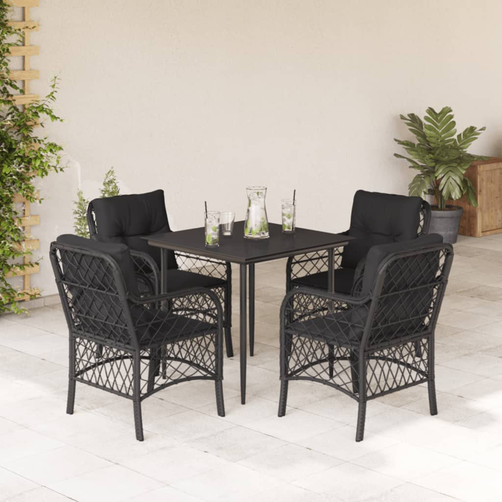 5-tlg. Garten-Essgruppe mit Kissen Schwarz Poly Rattan