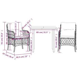 3dílný bistro set s poduškami černý polyratan - obrázek 7