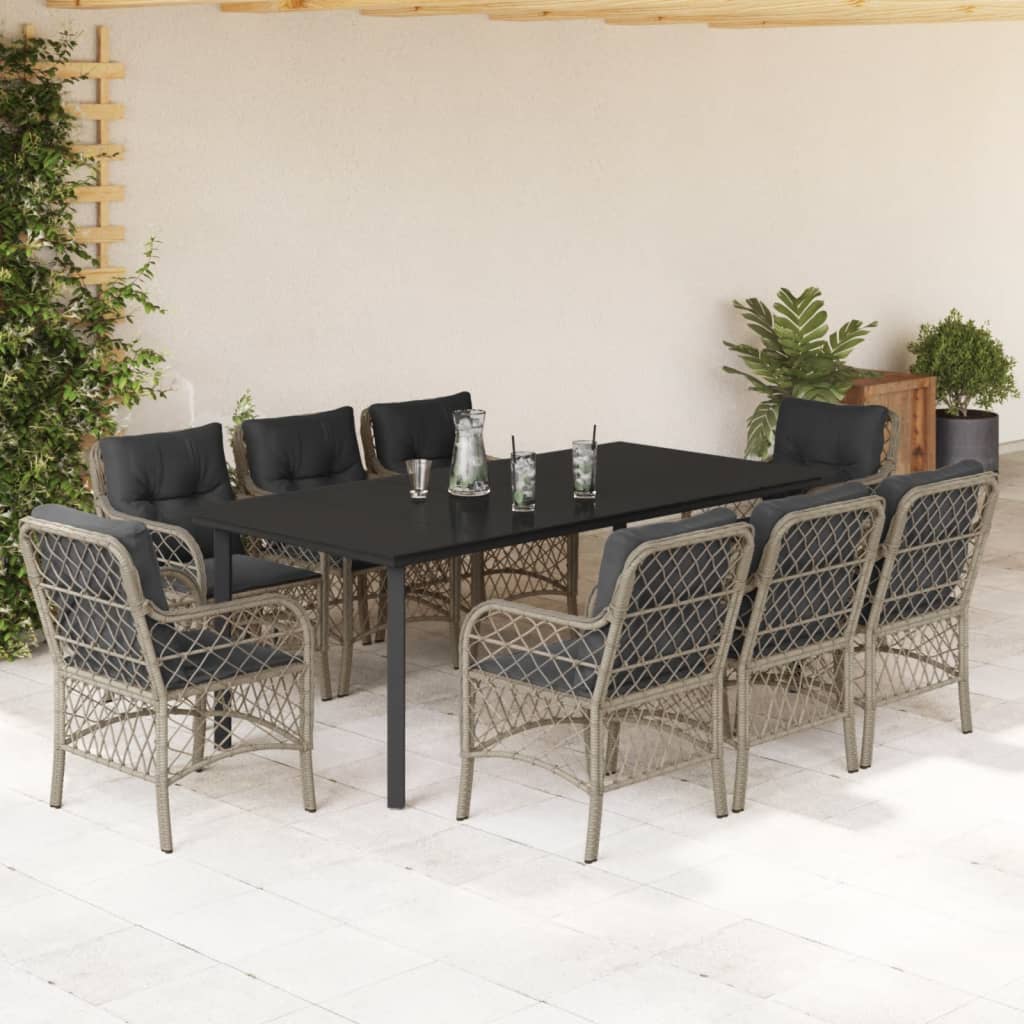 Bistrosæt Til Haven 3 Dele Med Hynder Polyrattan - 8 / Rundt ben / 200 cm bordlængde