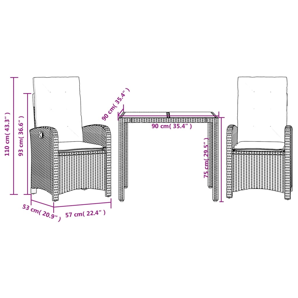 Set mobilier de grădină cu perne, 3 piese, negru, poliratan