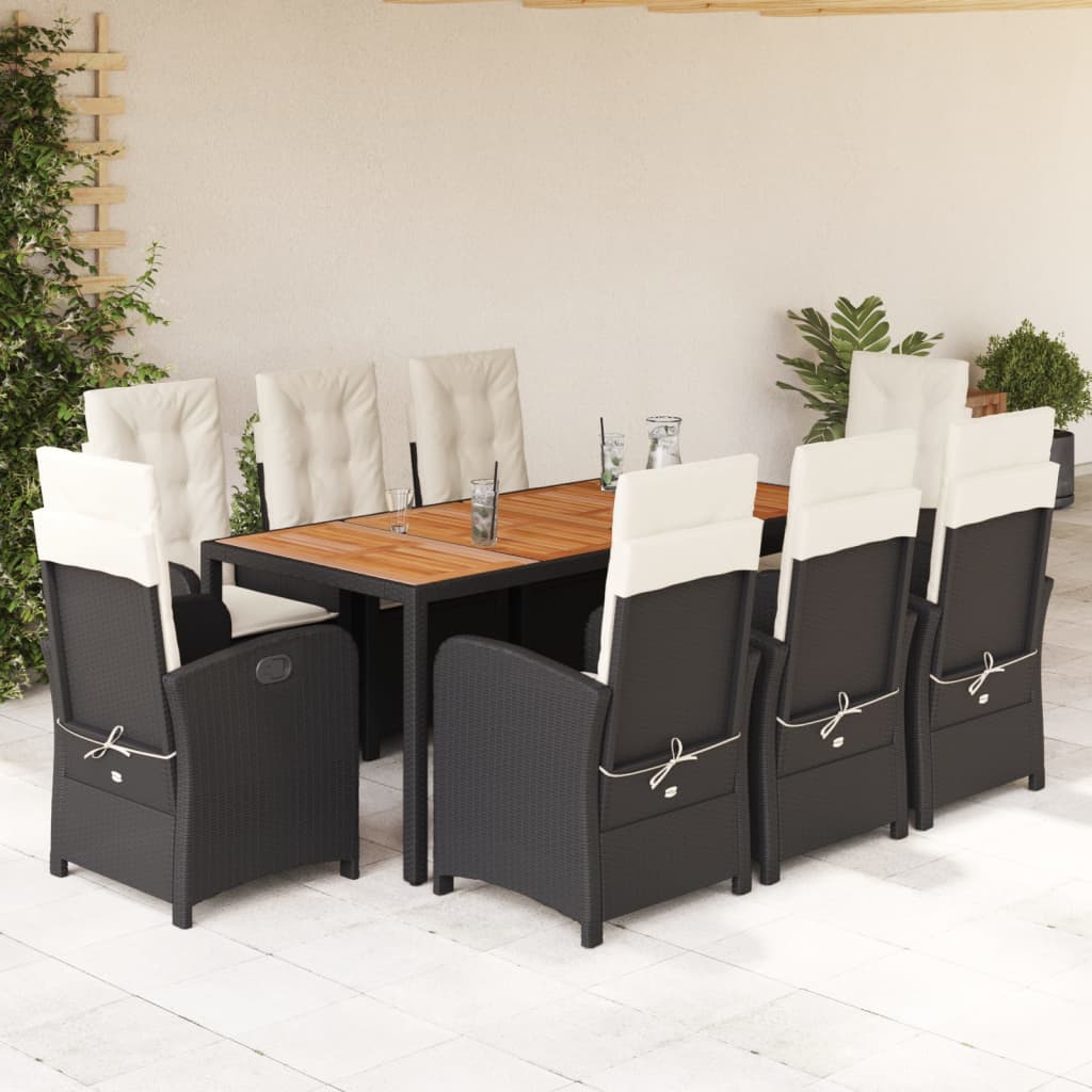 vidaXL 9-tlg. Garten-Essgruppe mit Kissen Schwarz Poly Rattan