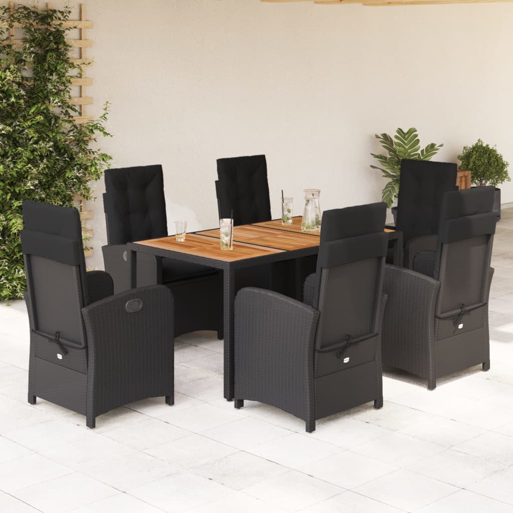 vidaXL 7-tlg. Garten-Essgruppe mit Kissen Schwarz Poly Rattan