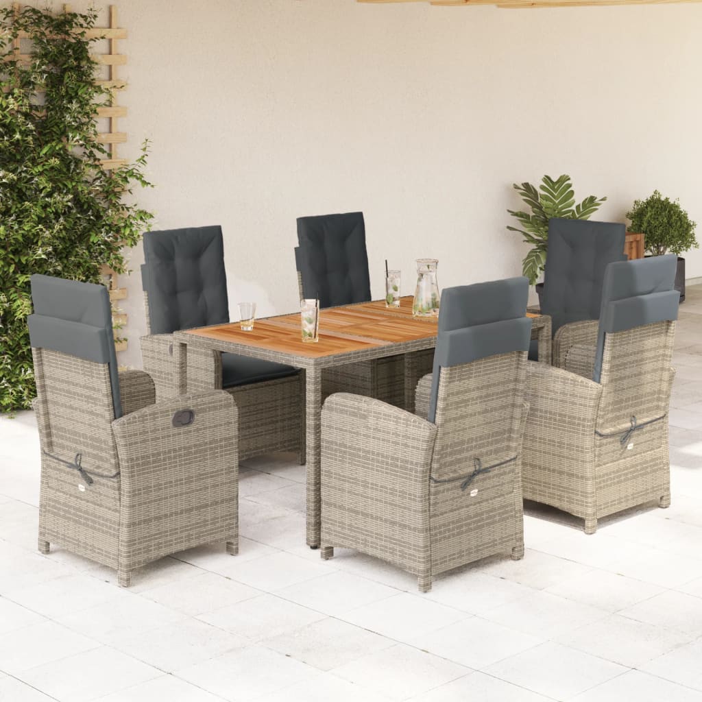 vidaXL 7-tlg. Garten-Essgruppe mit Kissen Grau Poly Rattan