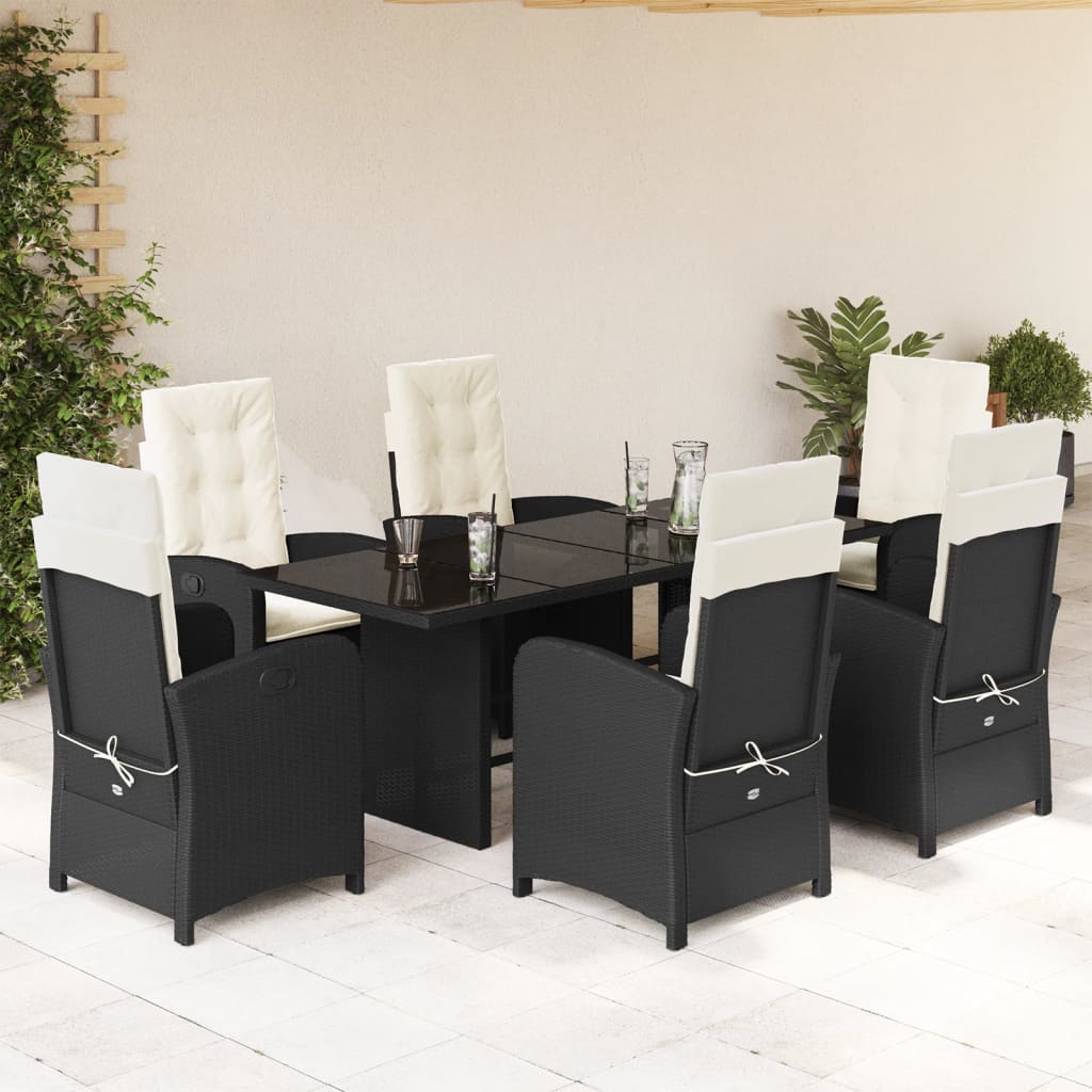 vidaXL 7-tlg. Garten-Essgruppe mit Kissen Schwarz Poly Rattan